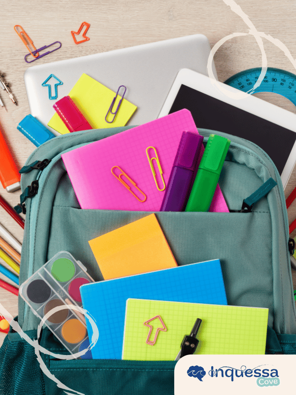 Backpack filled with colorful school supplies