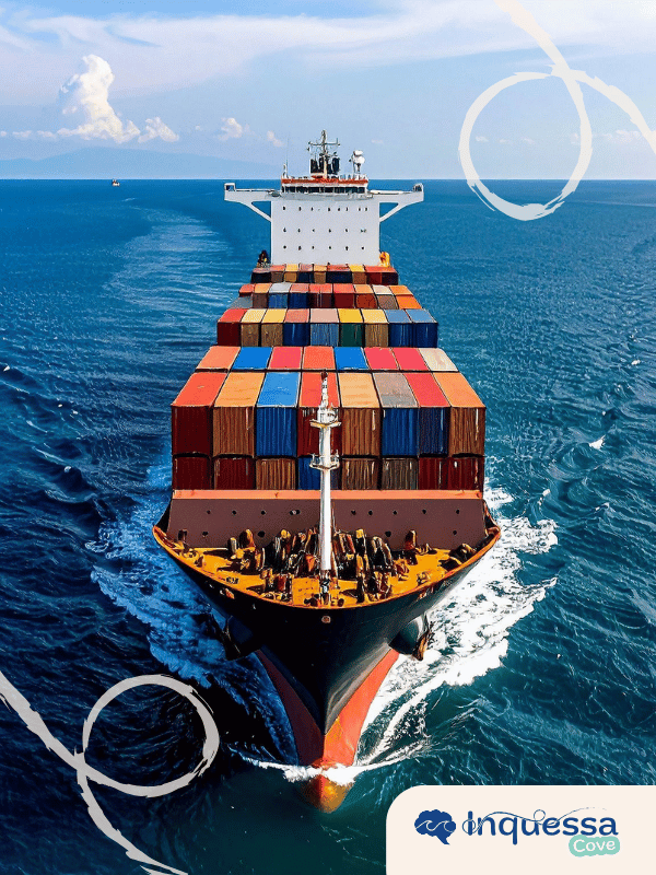 Cargo ship carrying stacks of colorful shipping containers across the ocean