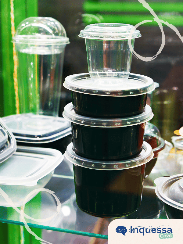 Stacks of clear plastic takeout containers with lids