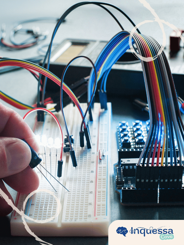 Electronic circuit board with colorful wires and components on a breadboard