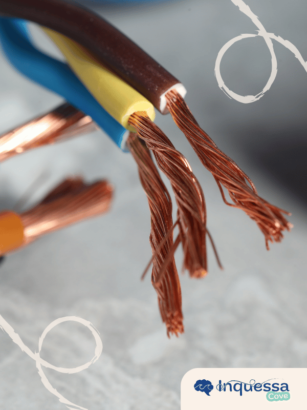 Close-up of copper electrical wires covered with colored plastic insulation