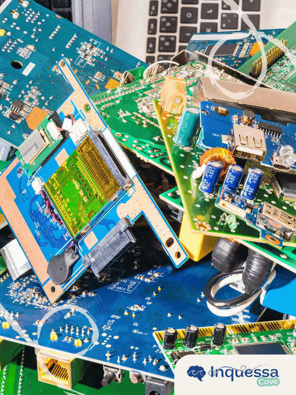 Pile of discarded electronic circuit boards and components