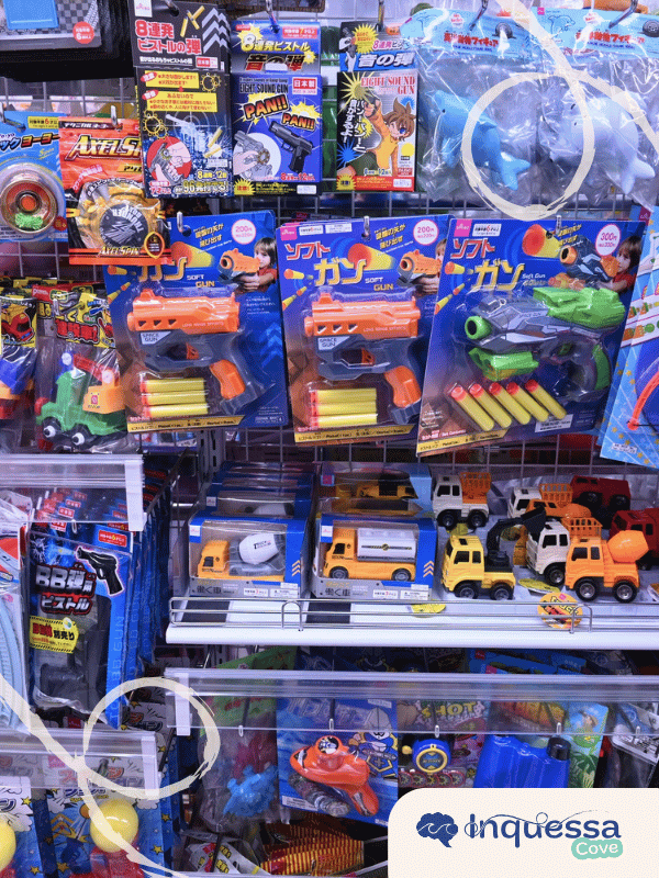 Store display filled with colorful plastic toys in packaging