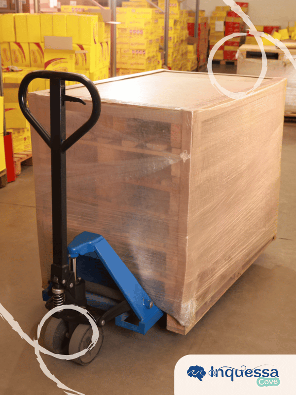 Large pallet of boxes tightly wrapped in clear plastic film