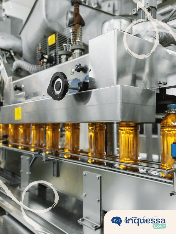 Bottling line moving rows of clear plastic bottles filled with amber liquid