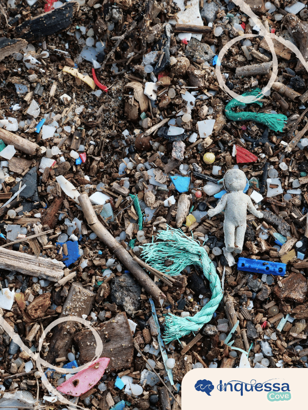 Small plastic fragments mixed with driftwood and other debris on a shoreline