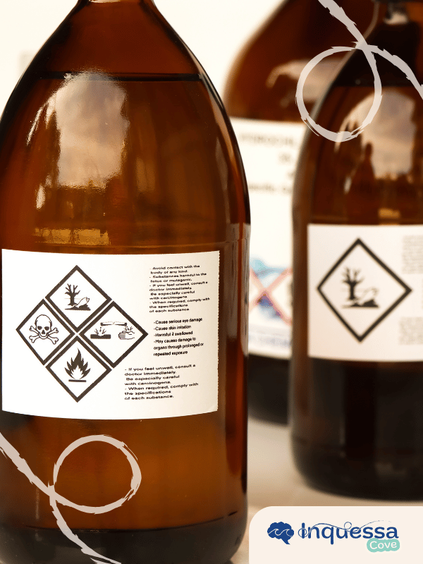 Brown laboratory bottles labeled with chemical hazard symbols