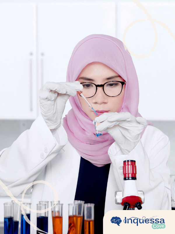 Scientist using a pipette with test tubes and a microscope in a laboratory