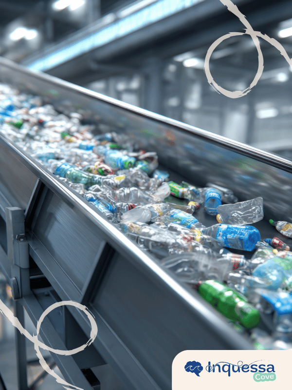 Plastic bottles moving along a conveyor belt at a recycling facility