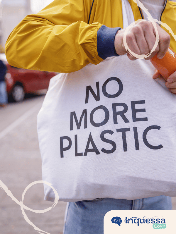 Person carrying a reusable shopping bag printed with “No More Plastic”