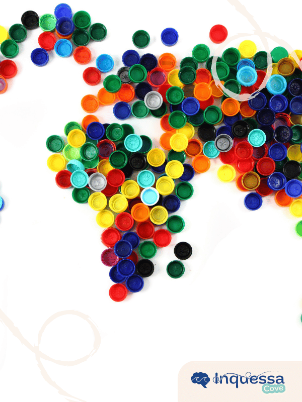 World map formed from colorful plastic bottle caps