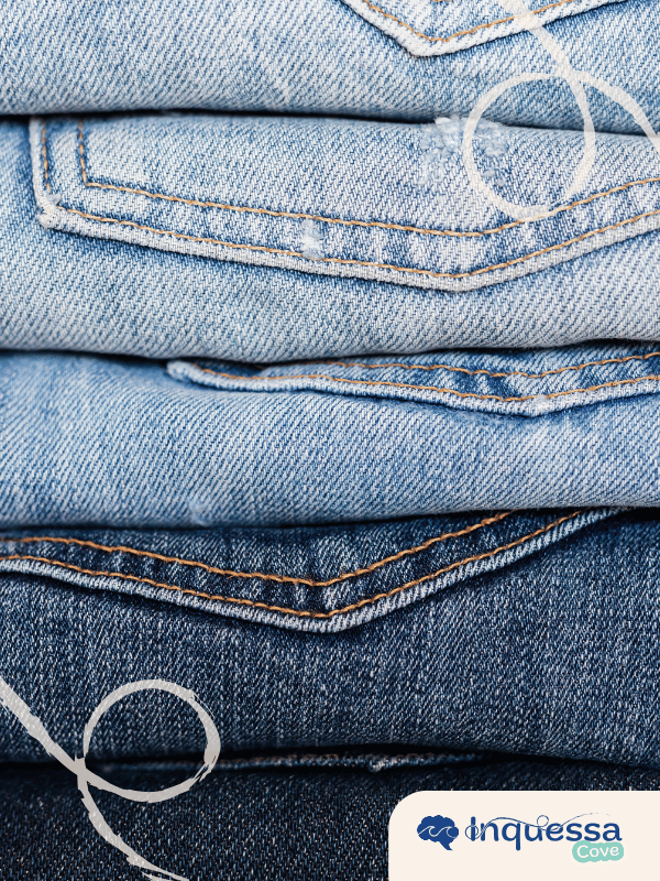 Stack of folded blue jeans