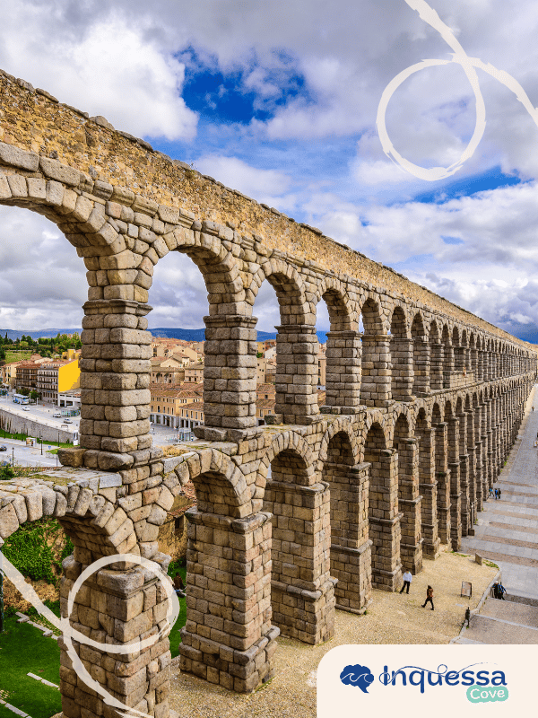 Ancient stone aqueduct stretching across a landscape