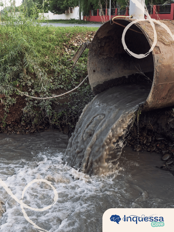 Wastewater flowing from a large pipe into a stream
