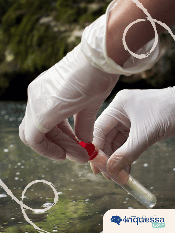 Gloved hands collecting a water sample from a river